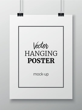 Vector realistic hanging poster mock up for your design or picture on grey wall background