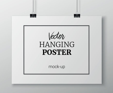 Vector realistic horizontal hanging poster mock up for your design or picture on grey wall background