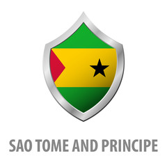 Sao Tome and Principe flag on metal shiny shield vector illustration.