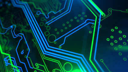 Blue, green neon background with digital integrated network technology. Printed circuit board. Technology background. 3D illustration. Circuit board futuristic server code processing. PCB, Code, HTML.