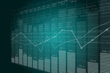 Vector business theme illustration. Background with graphs and figures. A digital panel with a distorted perspective.