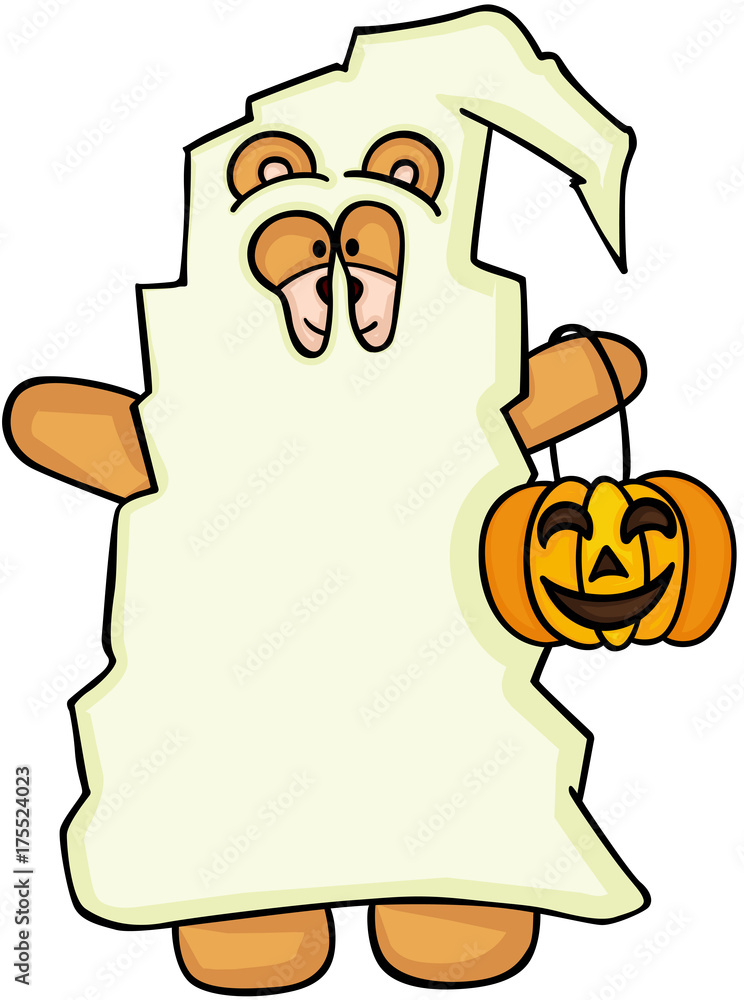 Sticker Halloween teddy bear dressed uniform of the ghost
