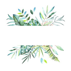 Tropical plants collection. Watercolor colorful frame. Collection included tropical leaves and branches. Perfect for you postcard design,invitations,projects,wedding card,logo.