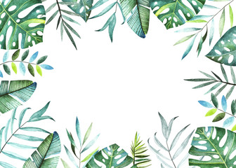 Tropical plants collection. Watercolor frame. Collection included tropical leaves and branches. Perfect for you postcard design,invitations,projects,wedding card,logo.