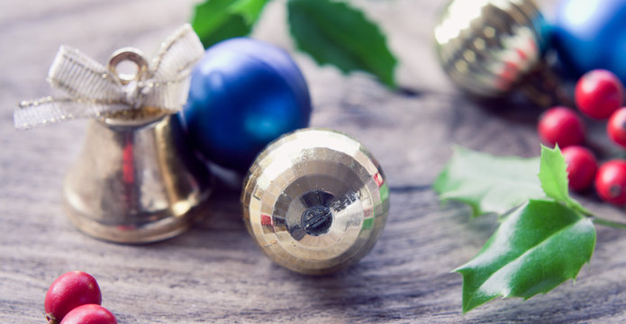 Silver frozen filter Christmas bauble, bell and  gold  decorations.