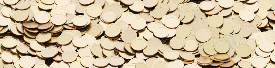 Infinite golden coins horizontal background, realistic texture, original 3d rendering background