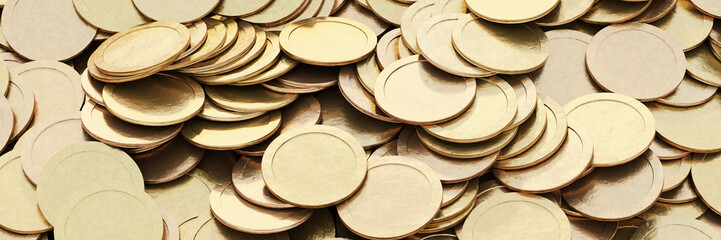 Infinite golden coins horizontal background, realistic texture, original 3d rendering background
