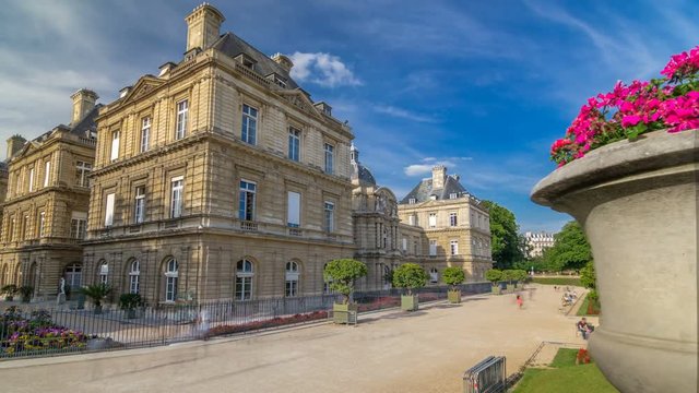 Luxembourg Palace and park timelapse in Paris, France.