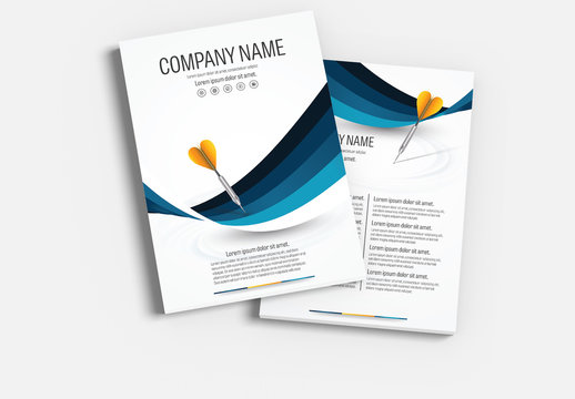 Brochure Cover Layout with Blue  Accents and Yellow Darts
