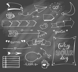 Vector hand drawn set on grey chalk background of objects:arrow, banner, word, list, brush, pen, figure, check mark.Collection of elements in doodle style. Isolated. White outlines.