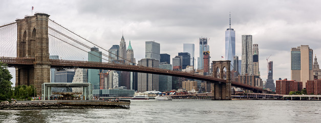 Lower Manhattan Skyline and Brooklyn Bridge Panorama, NYC, USA