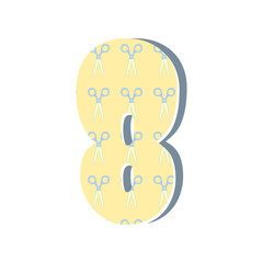 Cute 3D number Eight with scissors. Vector illustration. Element for design. Kids