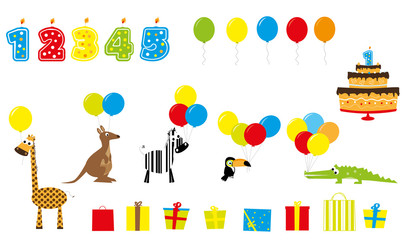 elementy urodzinowe - świeczki, prezenty, tort, zwierzęta z balonami