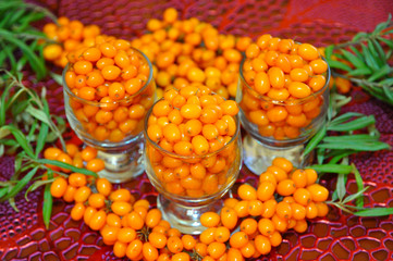 3 glasses filled with ripe sea-buckthorn berries on the background of sea-buckthorn bunches