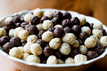 Chocolate Cereal balls in bowl.