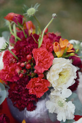 autumnal floristic decor on the street wedding table setting