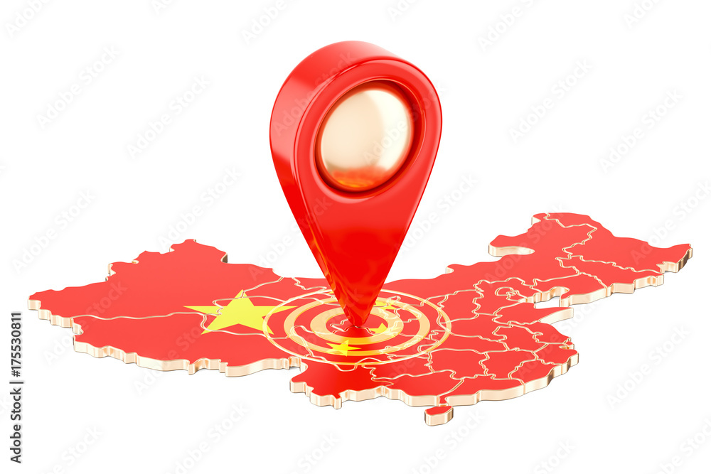 Poster Map pointer on the map of China, 3D rendering