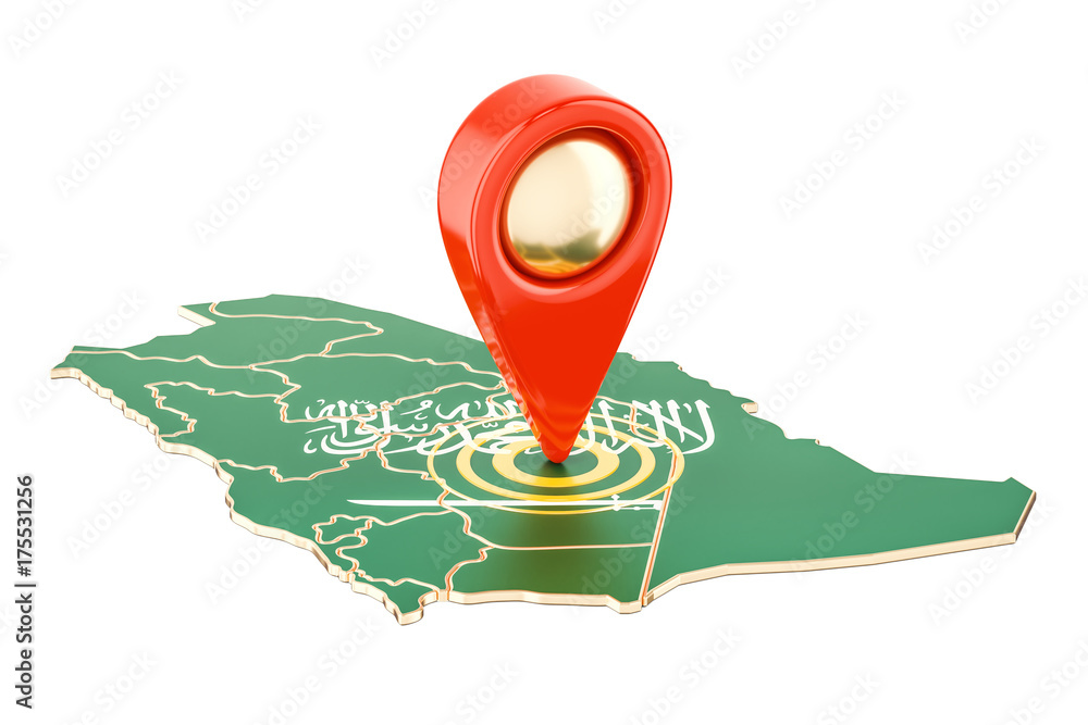 Poster map pointer on the map of saudi arabia, 3d rendering