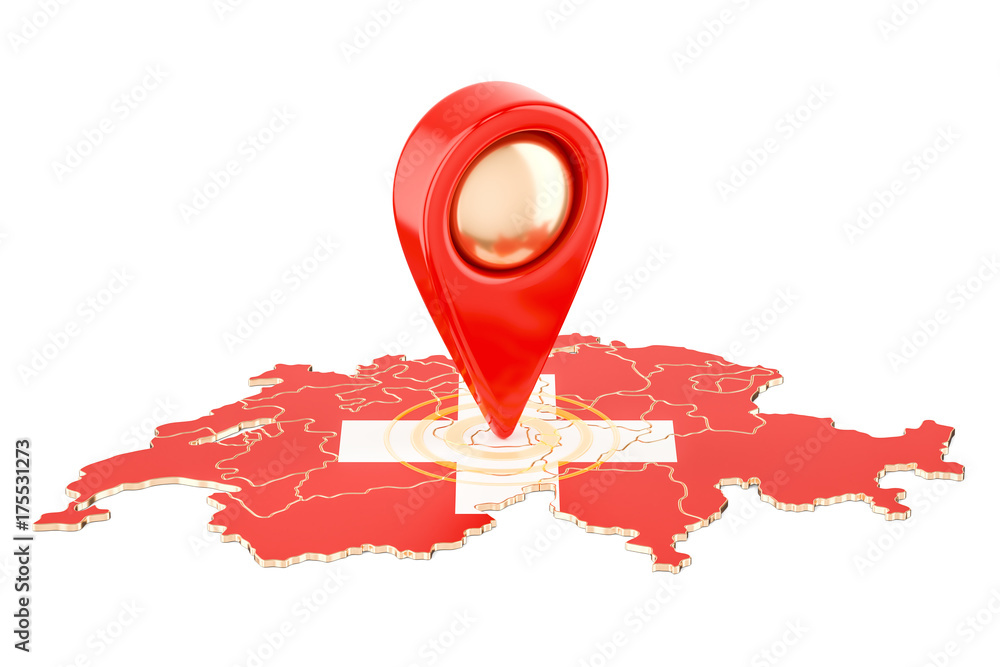 Poster map pointer on the map of switzerland, 3d rendering