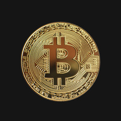 Gold bitcoin coin isolated on black background