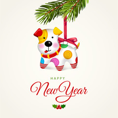 Happy small Dog. Christmas tree decoration. Dog is symbol of 2018 year on Chinese calendar. Vector illustration. Isolated on white background. Puppy. 