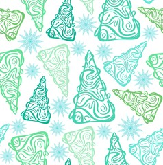 Green fir-trees and blue snowflakes pattern