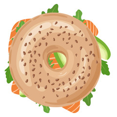 Fresh bagel sandwich with salmon fillet, avocado and rucola. Top view of bagel with filling isolated over white background. Delicious breakfast. Take away fast food. Vector illustration. - 175532075