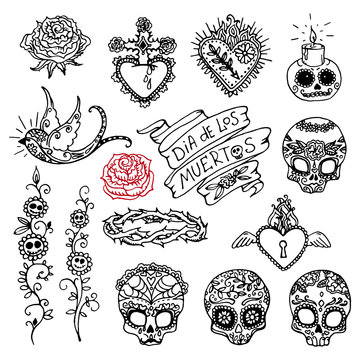Dia de los Muertos or Day of the Dead hand sketched doodles