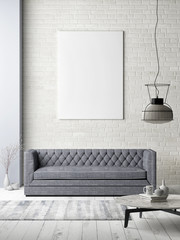 Mock up poster on white brick wall, hipster loft, 3d illustration