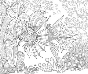 Fantastic fish on the seabed, page for adults coloring book.