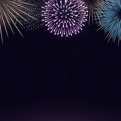 Fireworks on night sky background. Realistic holiday fireworks background. Brightly fireworks is bursting with sparkles
