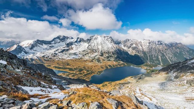 Snowy Tatra mountains panorama, Poland landscape, time lapse