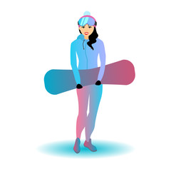 Snowboard female character vector illustration. Woman with sports equipment isolated on a white background.