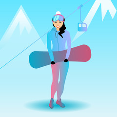 Vector illustration of a female snowboard character. Beautiful woman is holding sports equipment.