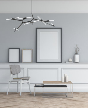 Interior design simple scene with frames. 3d modern scandinavian interior. 3d render studio.