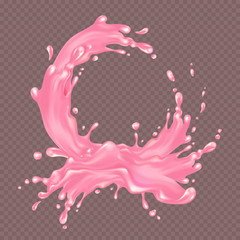Pink liquid splash. Milky fruit liquid frame. Cream, yogurt, fruit milk, milkshake. Vector illustration for advertising or packaging of dairy products.