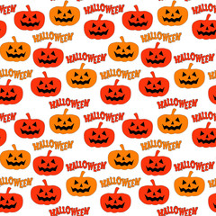 Halloween. Seamless pattern with pumpkins and inscriptions.