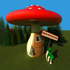 Big and small concept 3D illustration. Environment, fictional character, huge red mushroom and more.