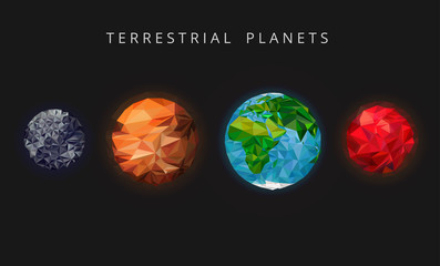 Illustration terrestrial planets. The rocky planets of the solar system. Mercury, Venus, Earth, and Mars.