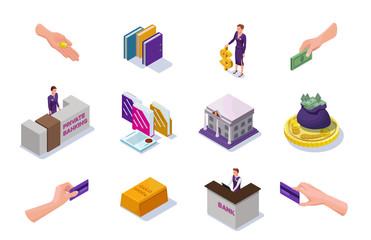 Banking and finance icons set with isometric people, office reception desk, cash money, coins, banknotes, bank building, 3d vector illustration