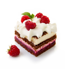 Chocolate cake with fresh raspberry isolated on white background.