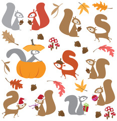 Colorful vector illustration of holiday squirrels, with leaves, pumpkin, mushrooms, acorns and gifts