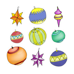 Christmas decorations illustration - Christmas balls - outline. Vector illustration on white