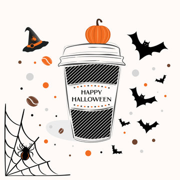 Happy Halloween sign text over paper coffee cup with abstract coffee beans and halloween background vector illustration. Line design hand drawn coffee cup.
