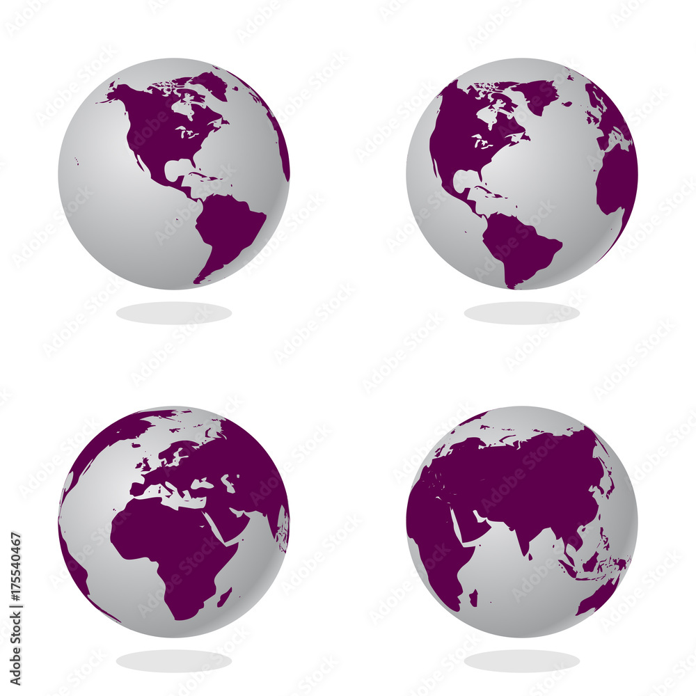 Poster set of abstract globe with world map. 3d vector illustration.