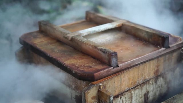 Steamed Japanese sweets with steam from hot springs.
