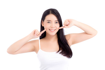 Naklejka premium Beautiful girl with makeup, woman and skin care cosmetic concept / attractive beauty asian girl on face with hand touch cheek and smile isolated on white background.