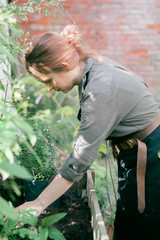 Naklejka na ściany i meble Young cute lady working at the garden with wildflowers wearing linen dress, black apron and leather belt with florist tools