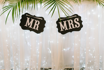 Mr and Mrs signs. Happy wedding day