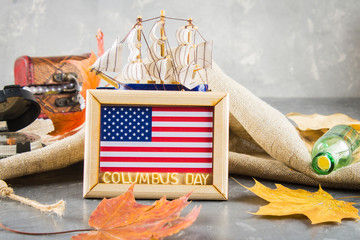 Happy Columbus Day text. Concept of the US holiday. The discoverer of America. Holiday States.